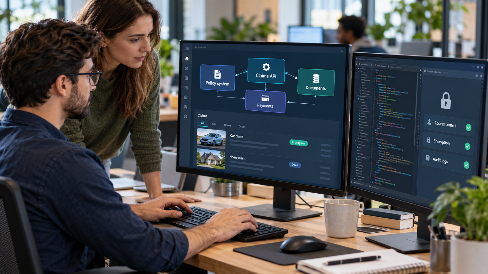 Developers reviewing insurance claims software architecture Developers reviewing insurance claims software architecture, API integrations, and data security controls on dual monitors